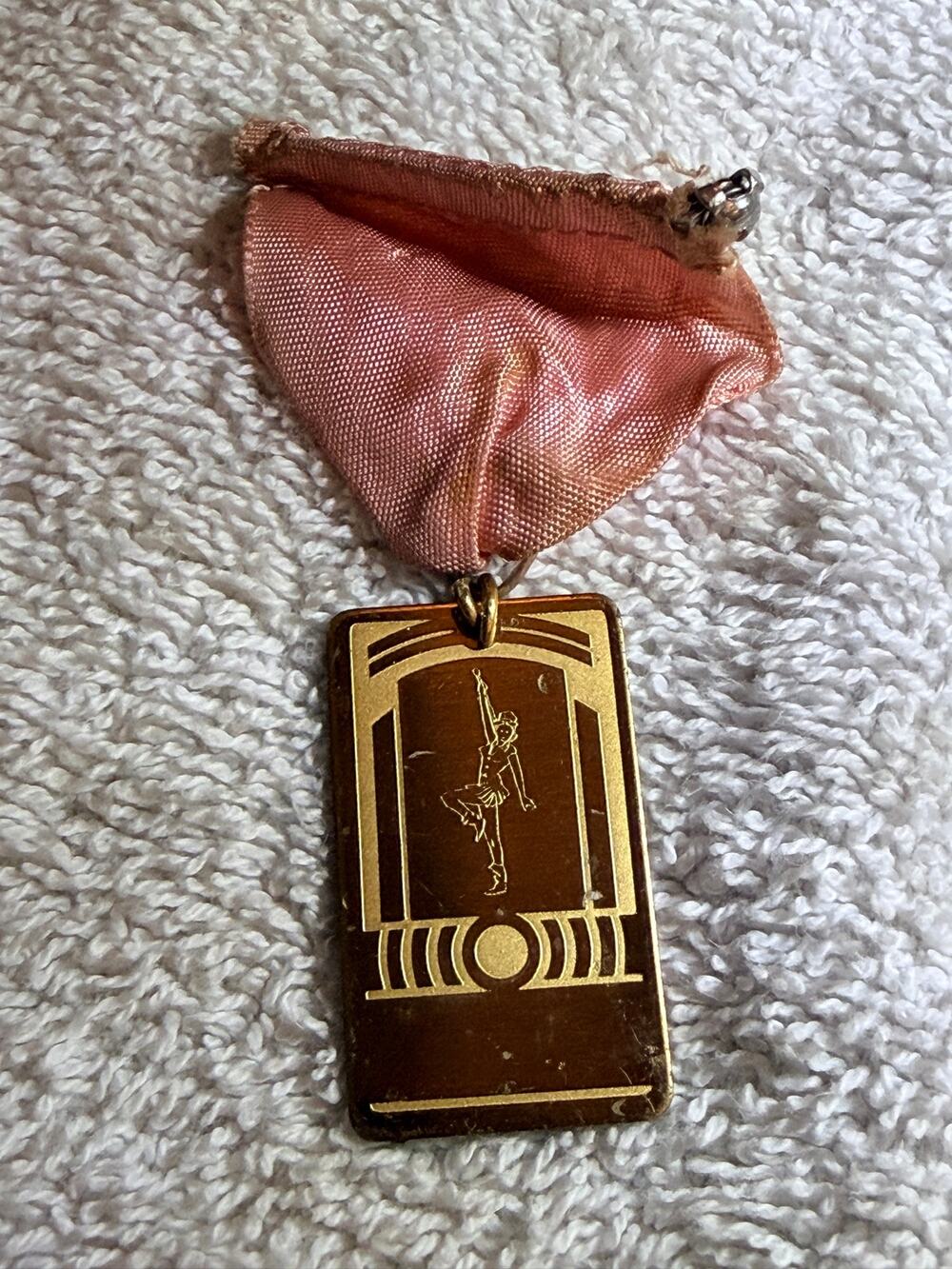 Vintage Majorette Baton Twirling Medal Gold Tone Pink Ribbon Art Deco Award